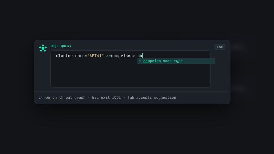 Intel Consortium command palette: ICQL query pane with node-type autocomplete